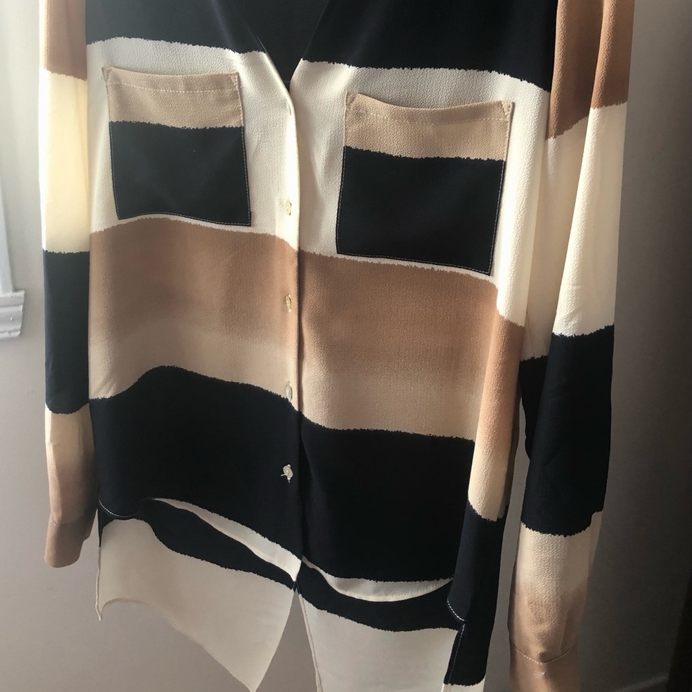 ▫️Joseph Ribkoff▫️Navy Blue , Beige and Cream Striped Ombré Button-Front Blouse